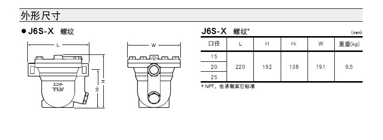 J6S-X疏水阀外形尺寸